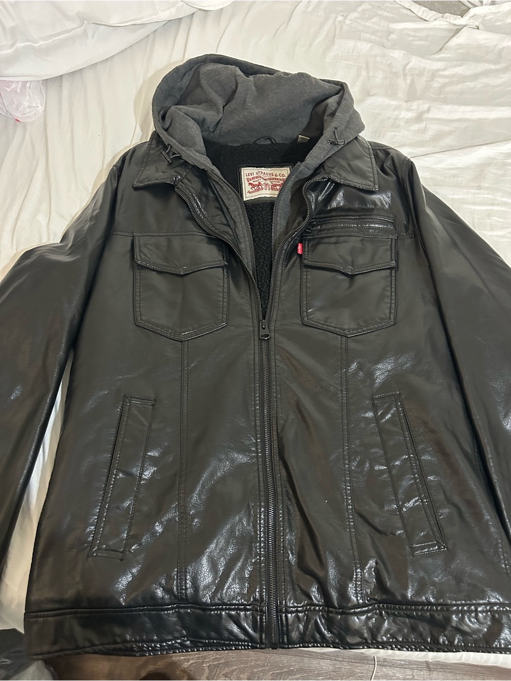 Levi's Black Faux-Leather Bomber Jacket with Gray Hood